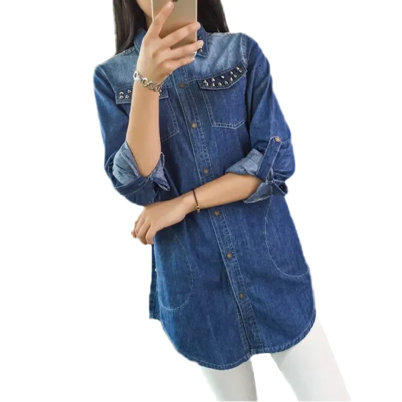 

Large Size Ladies Shirt Denim Slim Personality Rivet Denim Shirt Long Sleeve Loose Shirt 2019 Spring Autumn Women Tops JIA110