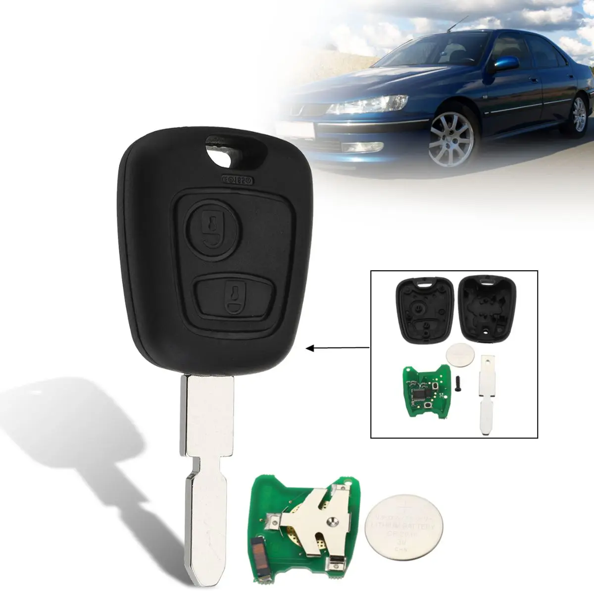 2 Buttons Lock Unlock Car Remote Key Fob Case Shell With ID46 Chip CR2016 433MHz For Peugeot 406