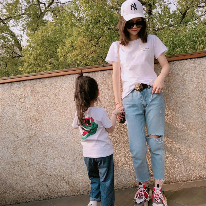 Adult*1pc+Kid*1pc New Dinosaur Black White T-Shirts Family Matching Clothes Short Sleeve Tops Father Mother Cotton Shirt S-XXXL Adult*1pc+Kid*1pc New Dinosaur Black White T-Shirts Family Matching Clothes Short Sleeve Tops Father Mother Cotton Shirt S-XXXL