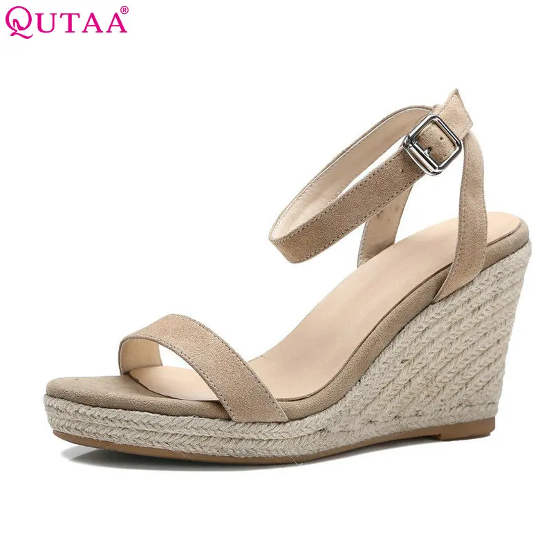 

QUTAA 2018 Apricot Women Sandal Wedge High Heel Slingback Women Shoes Ankle Strap Peep Toe White Ladies Wedding Shoes Size 34-39