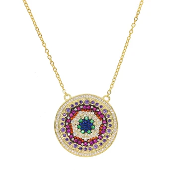 

2019 Luxury sun shape Gold Color Multicolor Cubic Zirconia Big eye Round Necklace Pendants for Women wedding Jewelry lover gifts