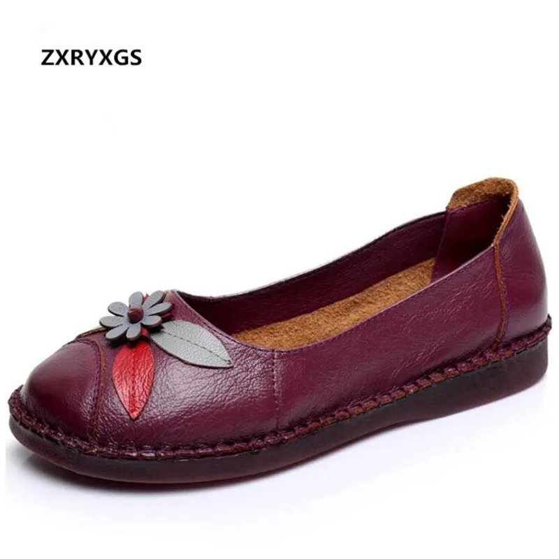 

New 2019 Spring Retro Flower Cowhide Leather Shoes Elegant Soft Women Flat Shoes Comfortable Non-slip Fashion Shoes Women Flats