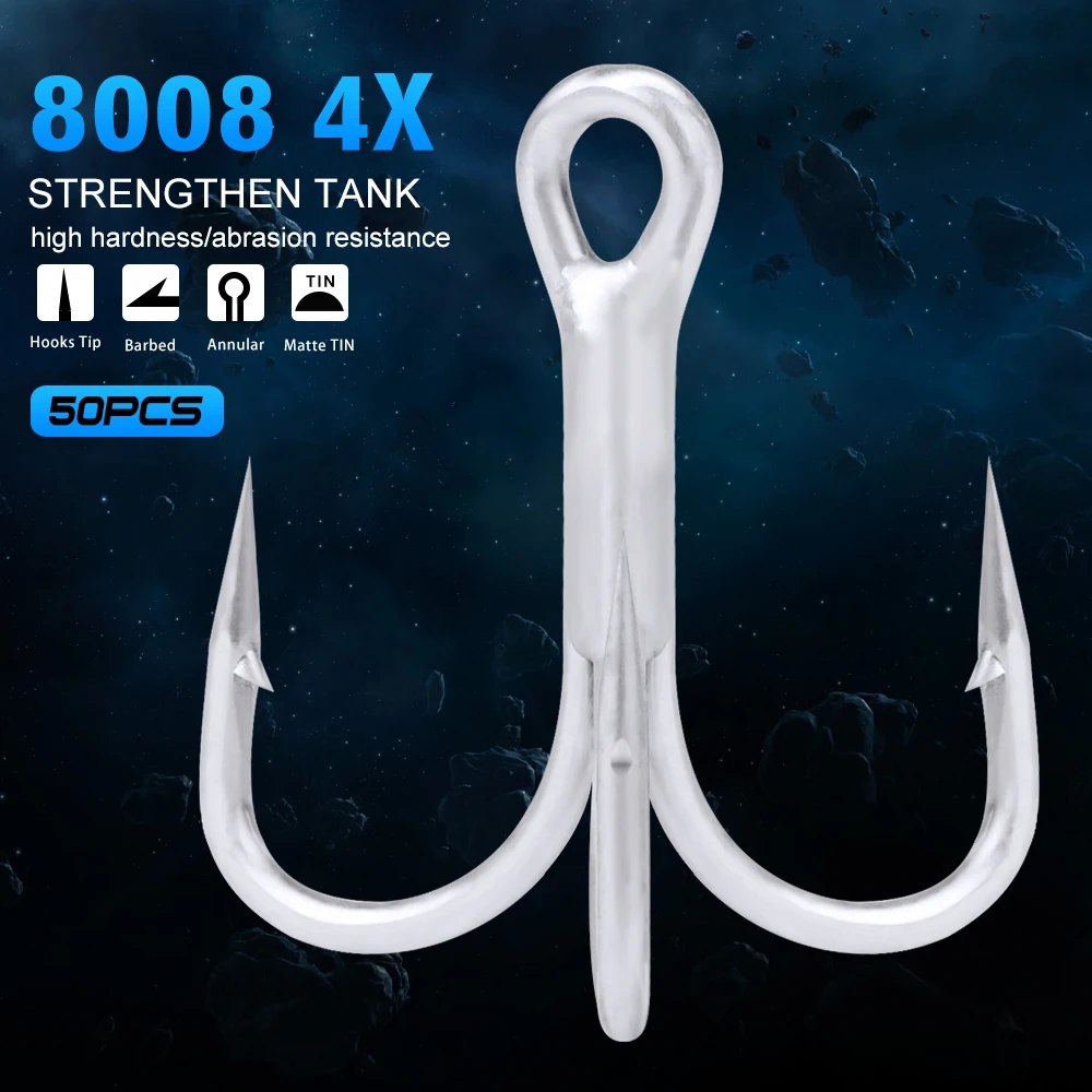 

4X 50pcs/lot High-Carbon Steel High Strength Hot Hooks Matte Tin Treble Hooks 4/0#-3/0#-1/0#-1#-2#-4#-6# Saltwater Fishing Hook