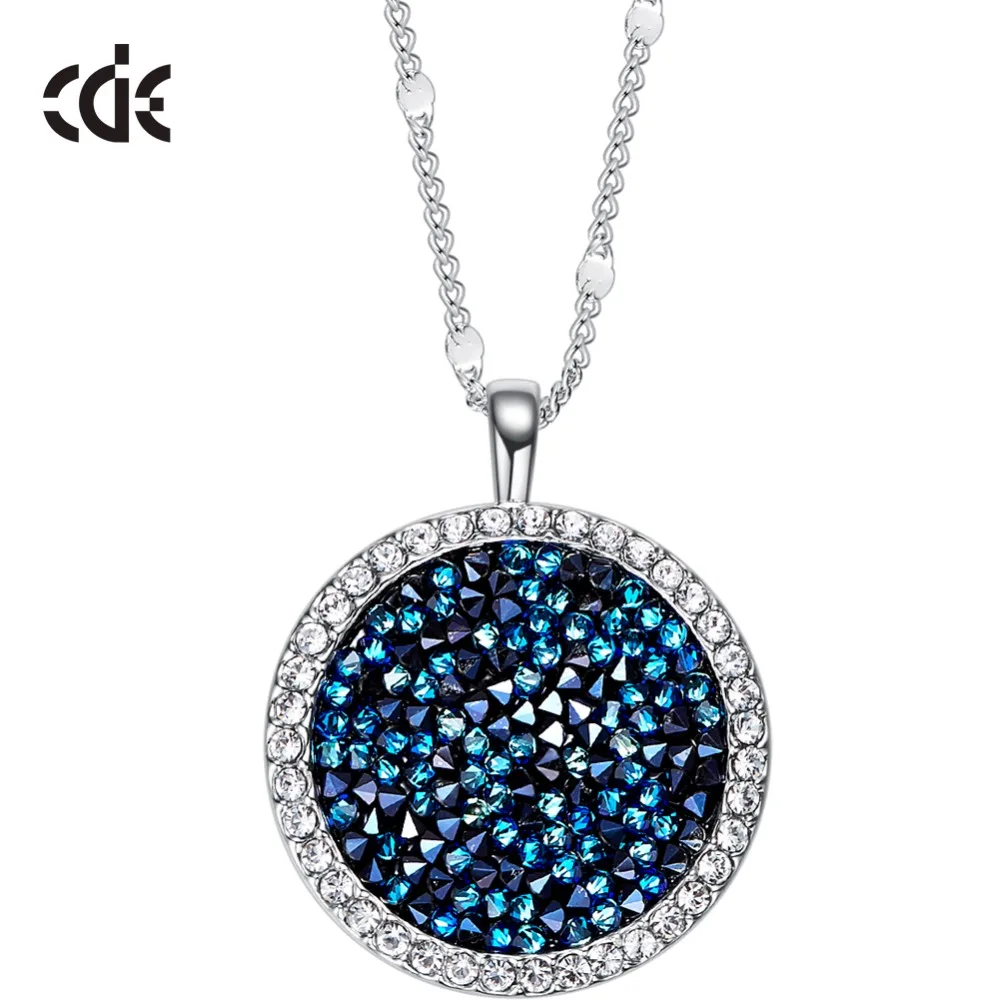 

CDE Round Pendant Necklace Embellished with crystals Chain Wedding Necklace Women Blue Elegant Jewelry Collares