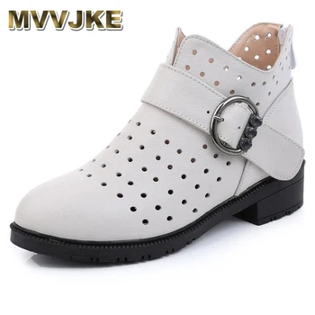 

MVVJKE Spring Women Boots Genuine Leather Ankle Boots Hollow Summer Boots Zapatos Chaussures Femme Square High Heel Women Shoe