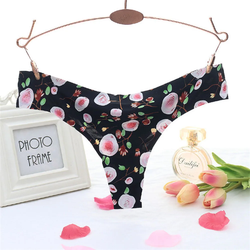 

Flower Printing G-string Women Seamless Panties Breathable Underwear Low Waist Ice Silk Thong Women Sexy Intimates briefs