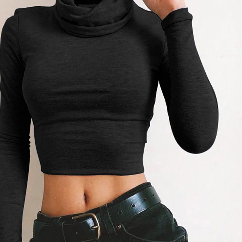 

Spring And Autumn Basic Tee Tops Women High Collar Short Blouse Long Sleeve Solid Blouse Female Ladie Tees Shirt
