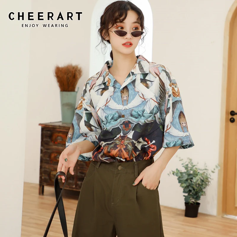 Cheerart, винтажный Топ, женские рубашки, летние дизайнерские блузки, с принтом, свободная рубашка с отворотом размера плюс, модный топ, одежда