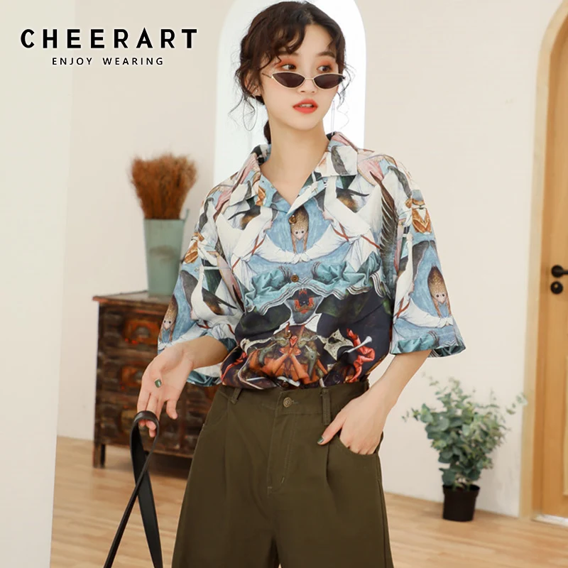 

Cheerart Vintage Top Women Shirts Summer Designer Blouses Print Loose Shirt Lapel Plus Size Fashion Top 2019 Clothing