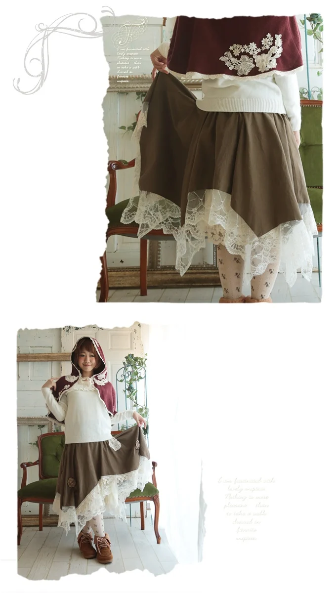 Mori Girl Lolita Vintage Lace Crochet Corduroy Skirt Asymmetrical Unique Novelty Saia Longa Women Winter Skirt Vintage CLothing mini skirt