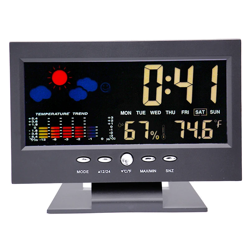 

Voice control backlight Thermometer Hygrometer temperature humidity meter Weather Forecast Calendar station Clock Alarm 10%Off