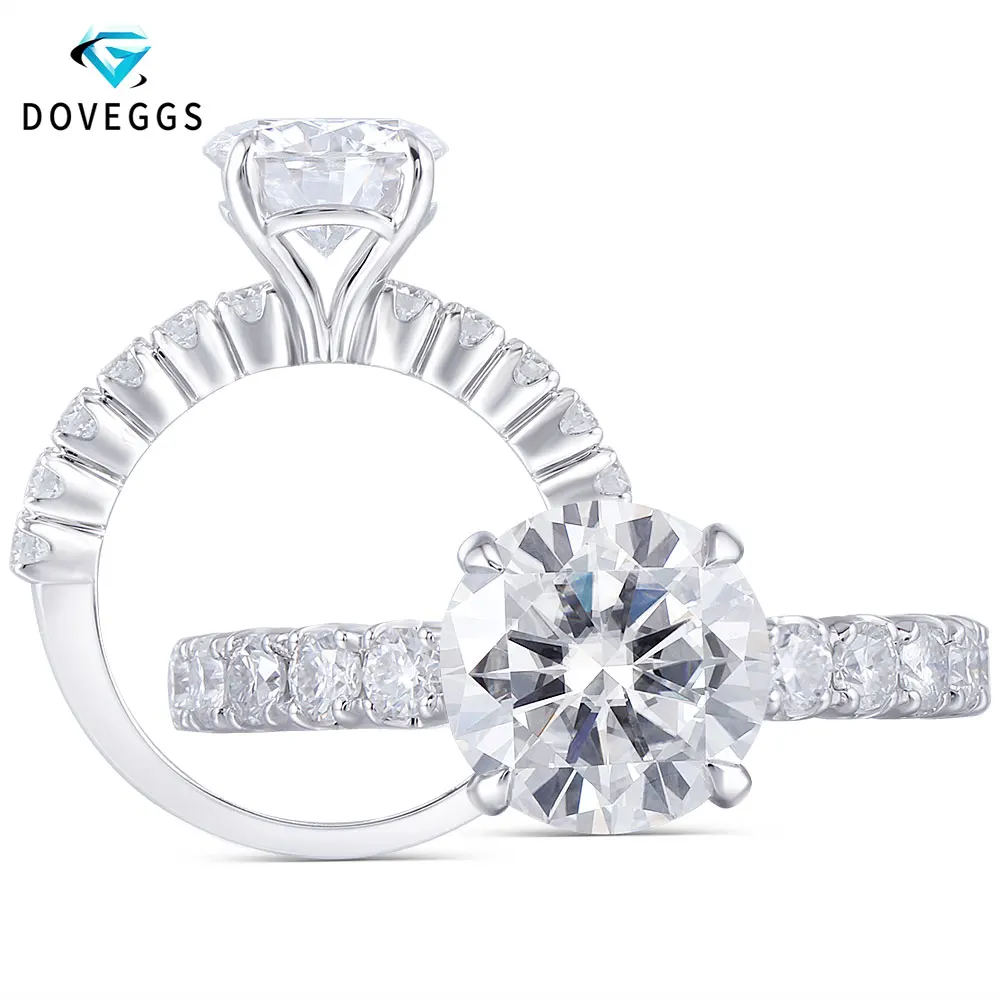 

DovEggs Solid 14k White Gold 3ct 9mm F Color Moissanite Engagement Ring with 2.5mm Heart Arrow Cut Accent Wedding Band for women
