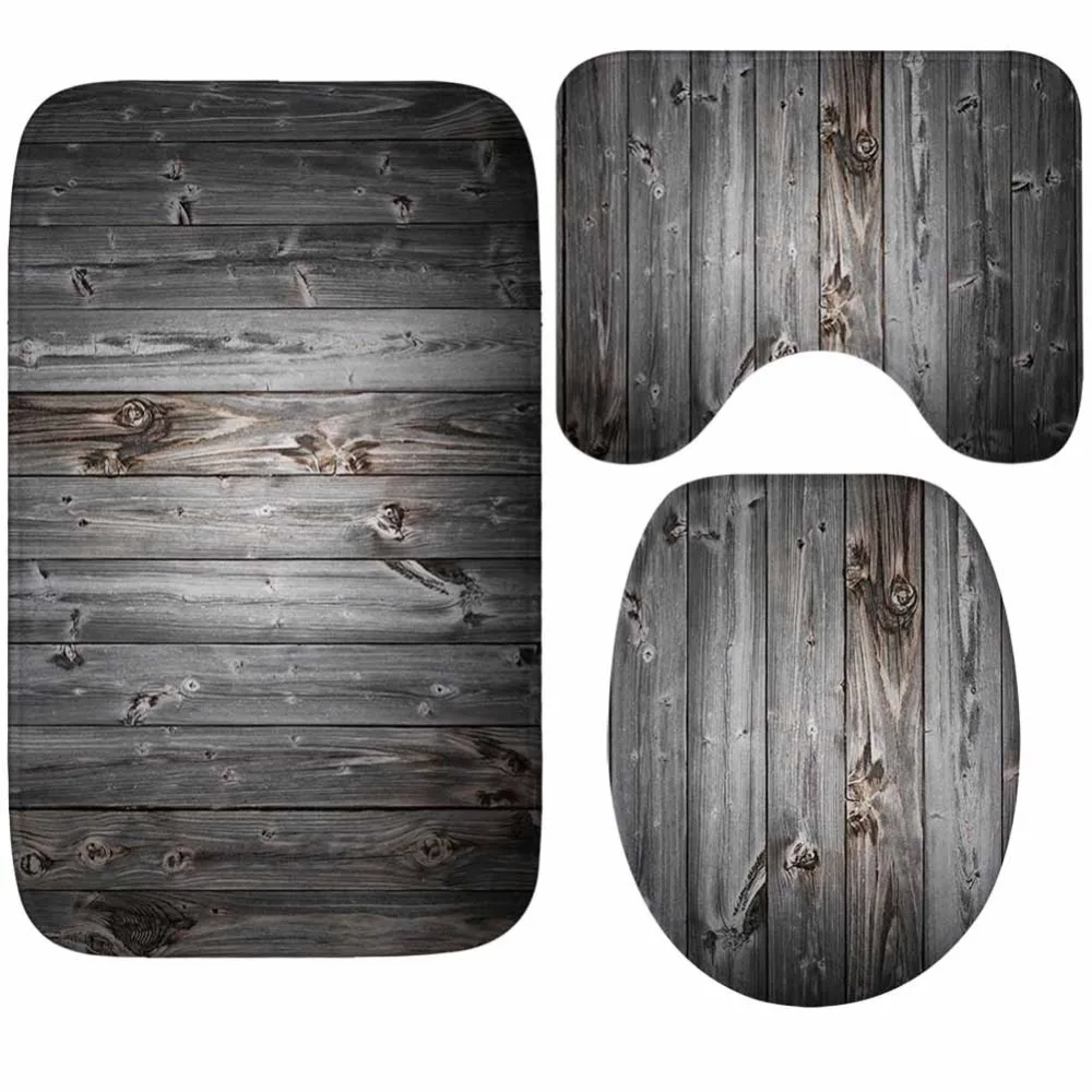 

Bath Mat Bathroom Carpet Set Wooden Floor Pattern Anti Slip Pedestal Rug Lid Toilet Cover 3pcs/set Christmas Decora