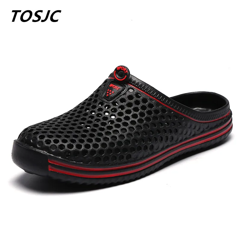 online TOSJC Homem Verão Sandálias Oco Falt Casuais Anti slip Shoes Cozy Deslizamento Em Sapatas Sapatos de Praia Moda Cor Preta Yong Pessoas