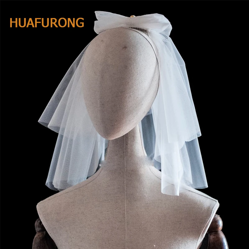 

Custom Made Two-layers Short Bridal Veil Beautiful Ivory Short Wedding Veils With Comb Bride Veils With Bow