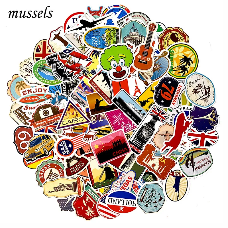 100Pcs Leisure Travel Graffiti Paper for Motorcycle Bicycle Skateboard Guitar Toy Luggage Decoration