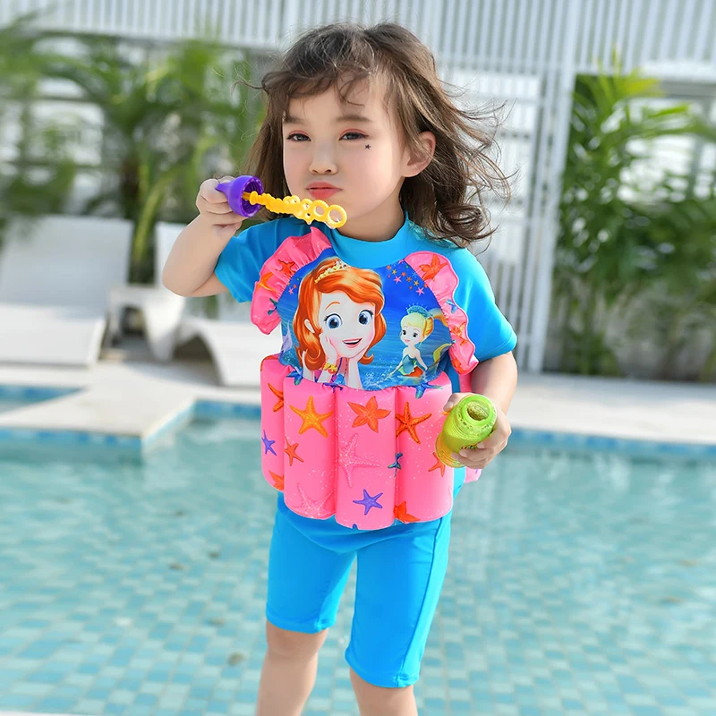 

Baby girls life one piece swimwear safe lifevest with bubble cute pinke beachwear for children zipper swimwear girl bathing suit