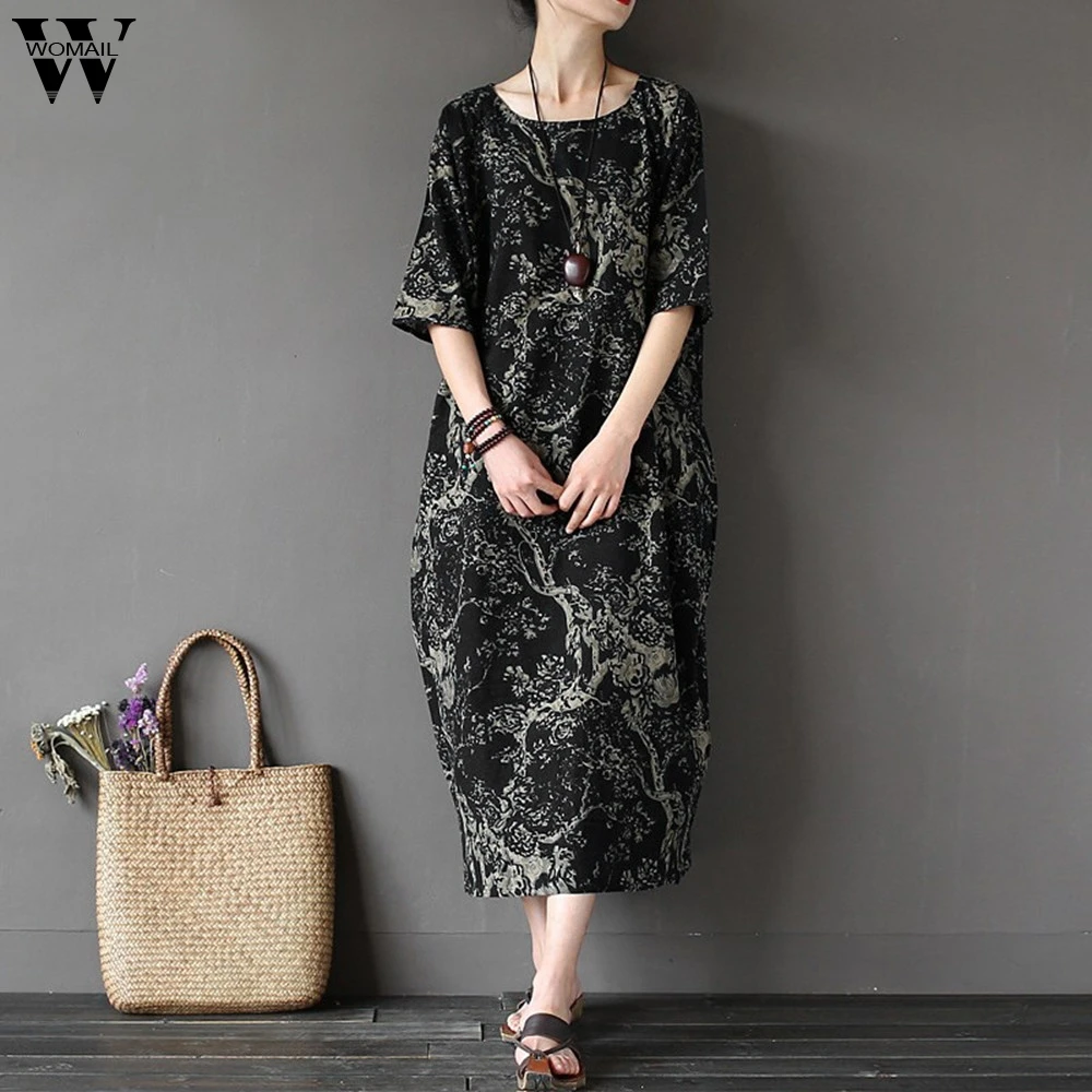 

Womail dress Summer Women Plus Size Oversized Floral Print Crewneck Casual Loose Half Sleeve long Dress Fashion2019 M11