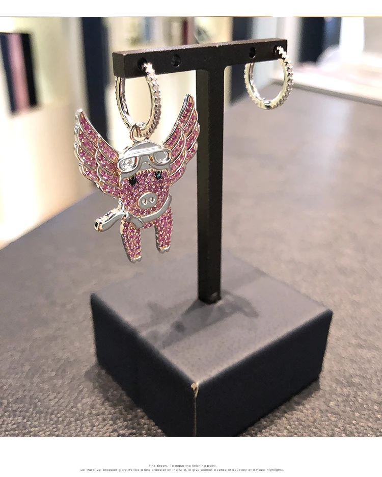 

fashion monaco jewelry LAVIATEUR earrings pink white zircon stone flying pig earrings women accessories fly pig earrings