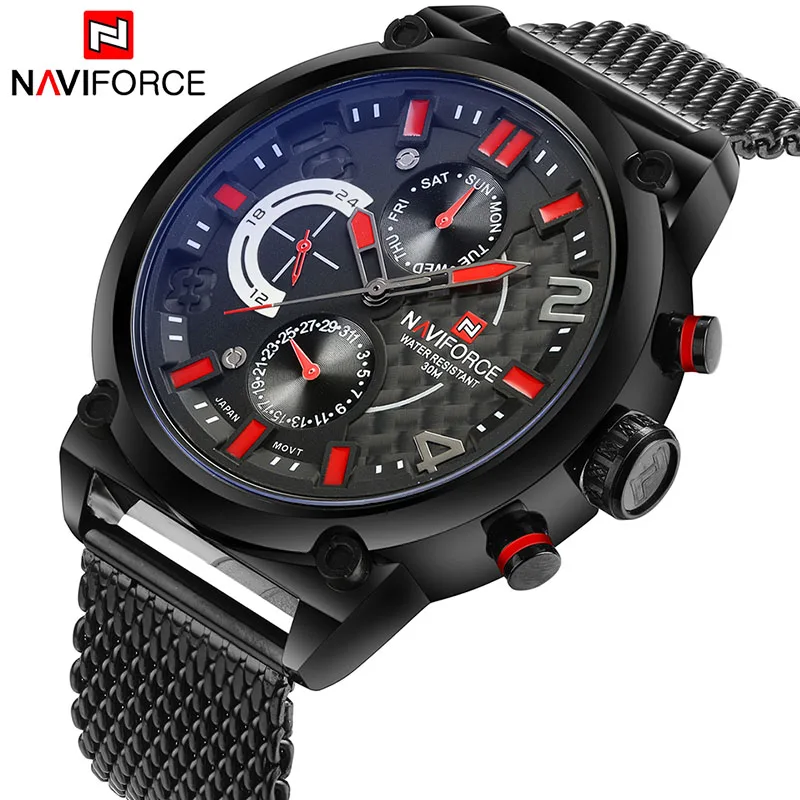 NAVIFORCE Роскошные Брендовые мужские Аналоговые кварцевые часы 24 часа с датой мужские водонепроницаемые часы 3ATM мужские спортивные полностью Стальные наручные часы - Цвет: BLACK Red