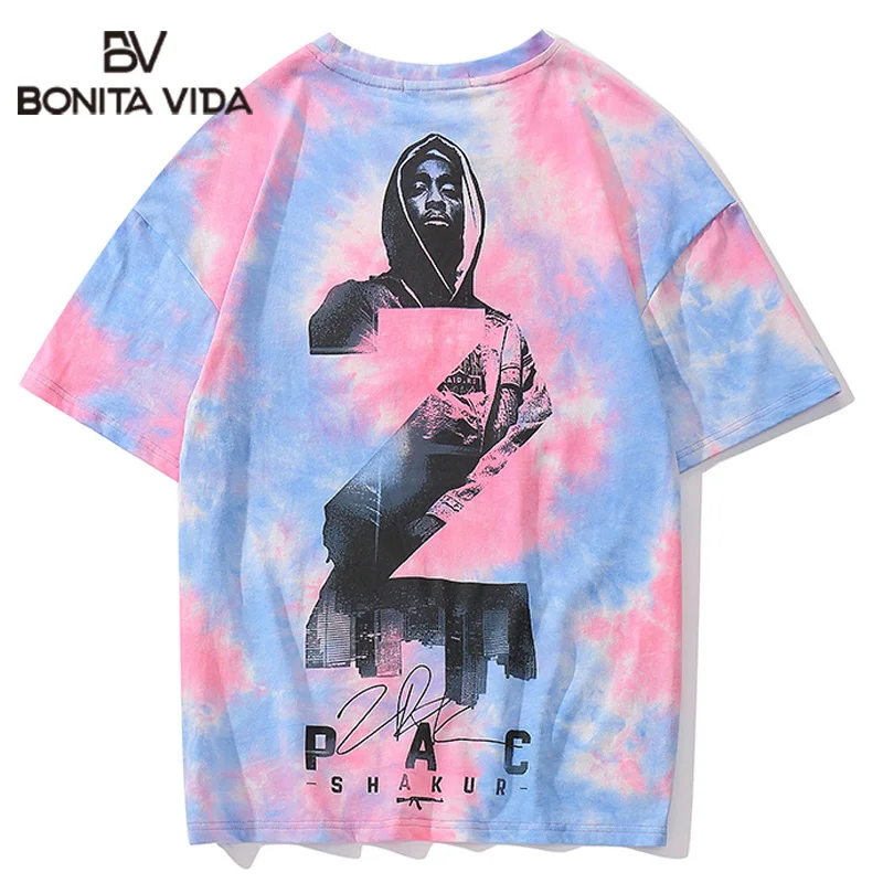 

Bonita Vida Shakur Print Tie Dye T shirts Men 2019 Hip Hop Casual Short Sleeve Streetwear Tops Tees Summer Harajuku T Shirts