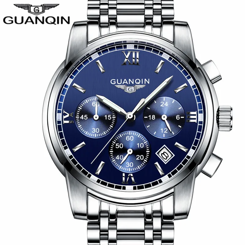 

GUANQIN LUXURY Men Business Top Brand Silver Steel Quartz-Watch Chronograph Luminous Date Clock Men's Fashion Casual Wristwatch