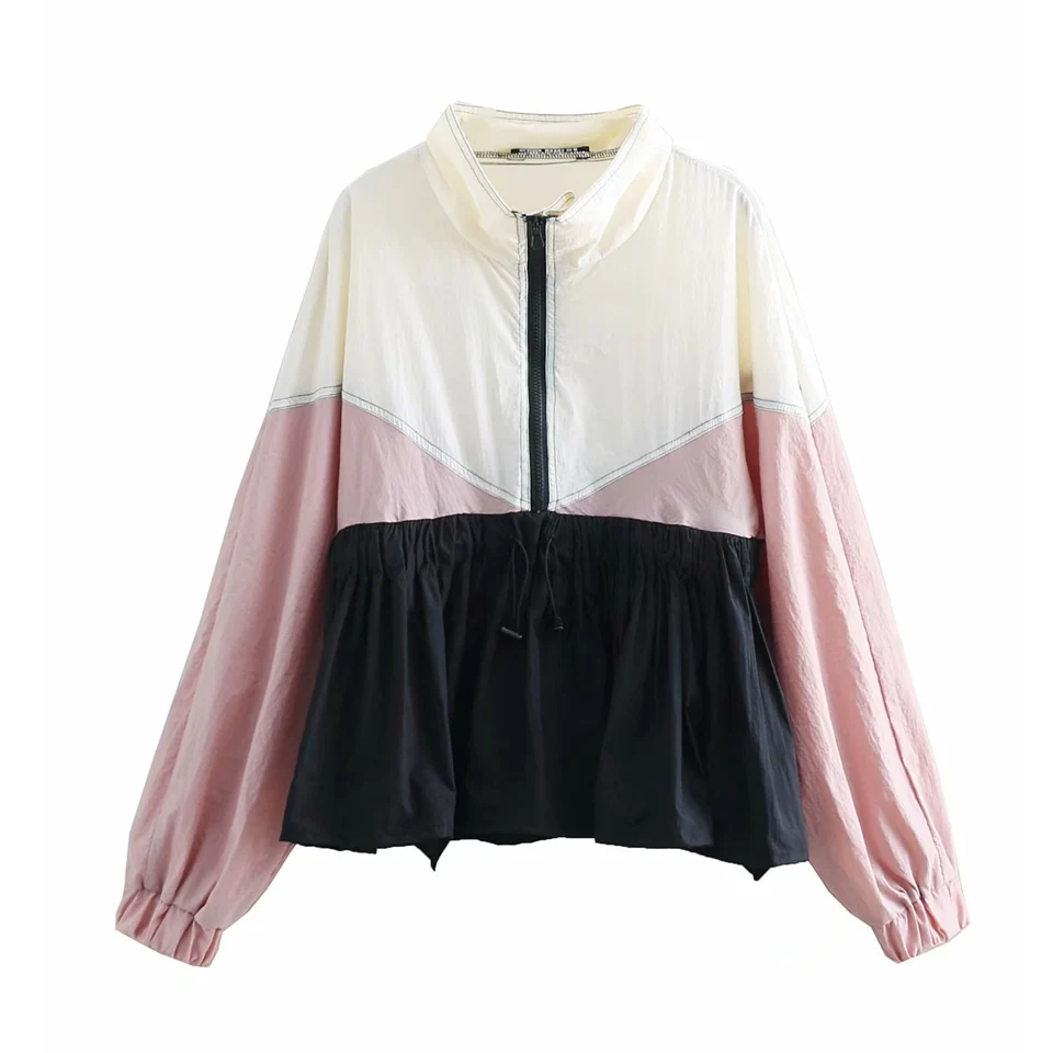 

Women Fashion Thin Pullover Jackets Coat 2019 Spring Summer Stand Collar Patchwork drawstring Ladies Long Sleeve Jacket Coats