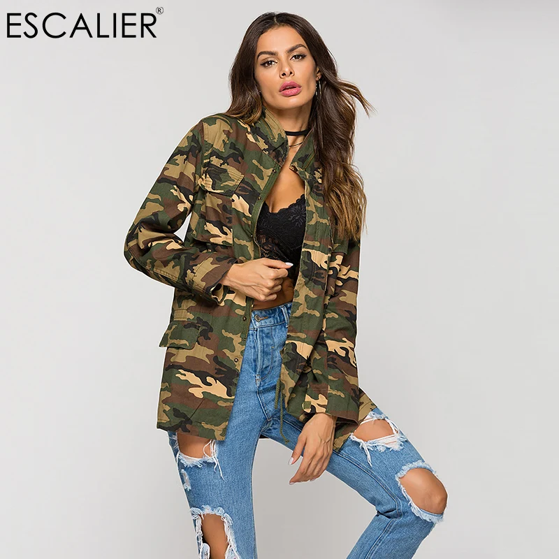 

ESCALIER Fashion Women Cotton Long Sleeve Stand Collar Bomber Jacket Loose Camouflage Coat Pocket Zipper Outwear Jacket