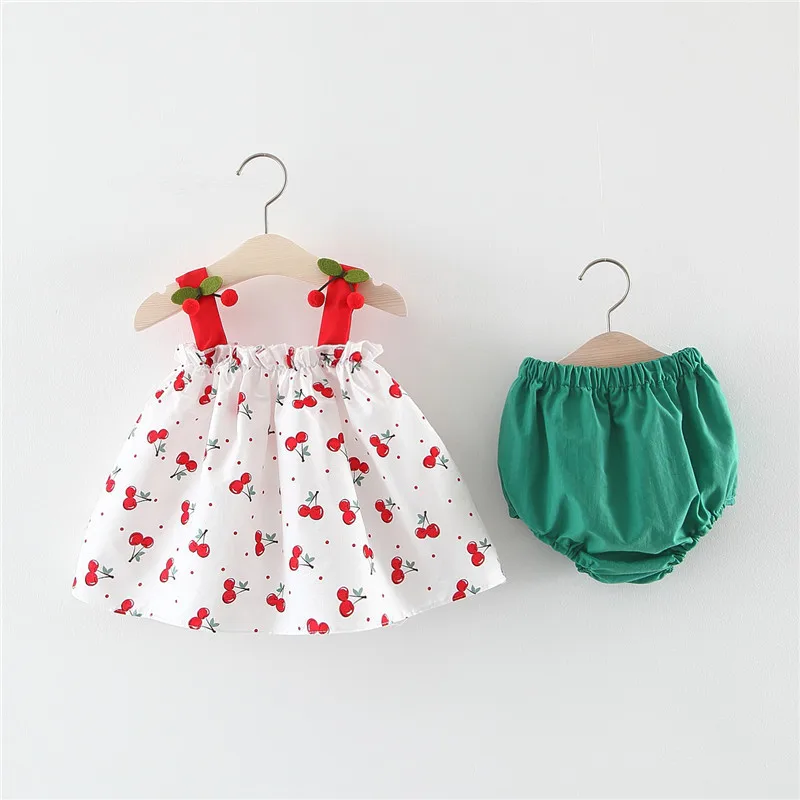 

Cute Newborn Baby Girls Clothes Set Sleeveless Cherry Print Dress+Briefs Green Shorts Outfits Infant Clothing Summer Sunsuit