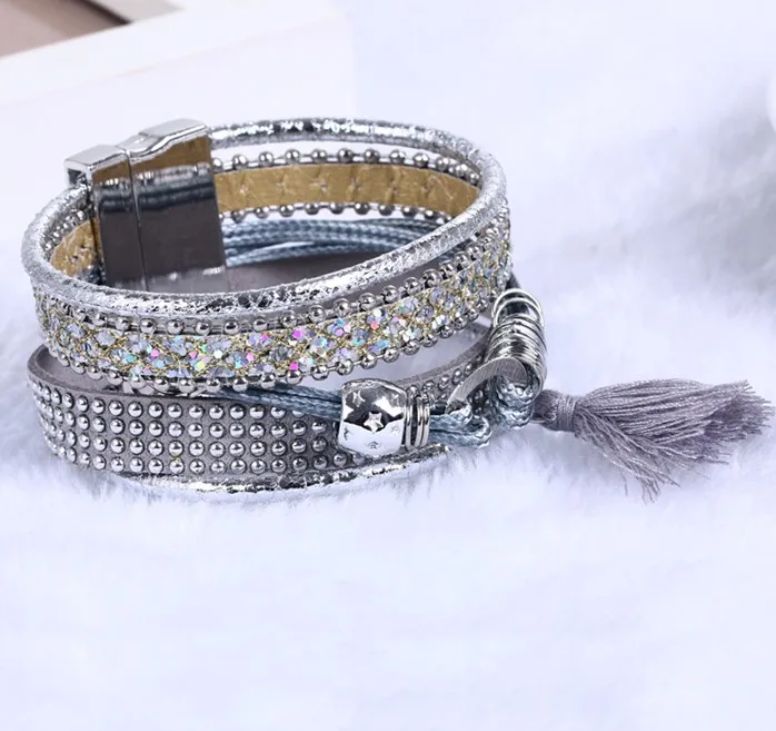 

Crystal Cuff Leather Rhinestone Slake Crystal Element Bohemian style Bracelet wrap leather bracelet hot drill bangle