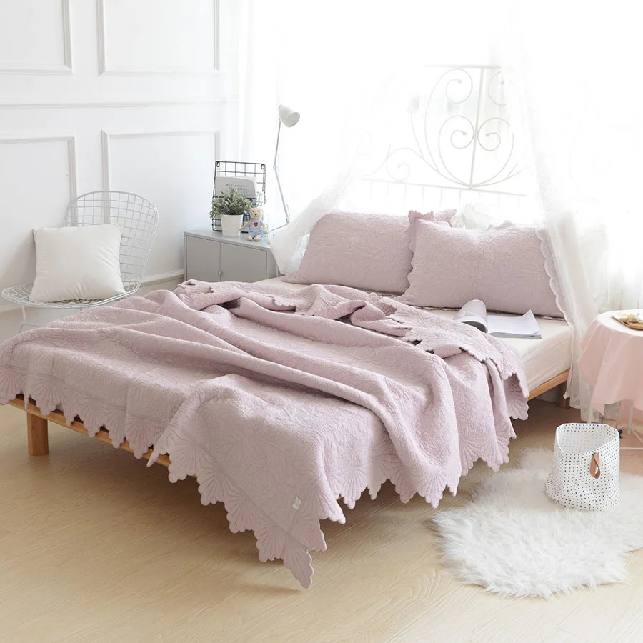 Корейское качество, однотонное одеяло с вышивкой, набор из 3 предметов, Стёганое одеяло, постельные принадлежности, хлопковое Стёганое одеяло s, покрывало для постельного белья, покрывало King size - Цвет: Розовый