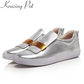 

Krazing pot concise design metal decoration sneakers slip on genuine leather comfortable loafers daily wear vulcanized shoes L66