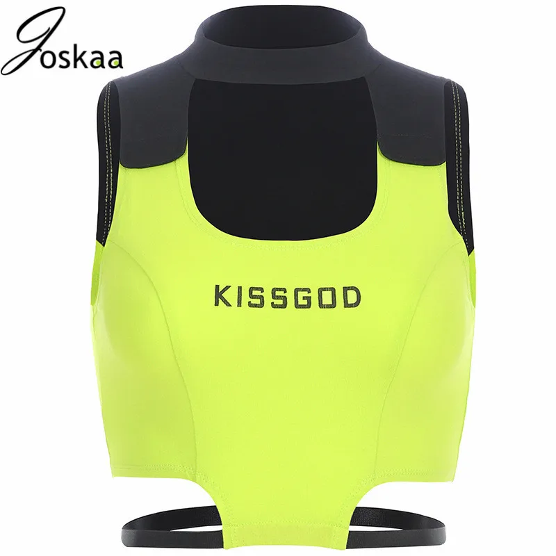 

Neon Patchwork Hollow Cut Crop Top Tank Letter Print Turtleneck Casual Tops