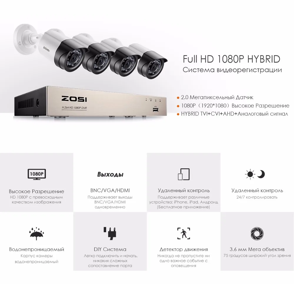 ZOSI 4CH/8CH 1080P HDMI P2P TVI DVR система видеонаблюдения видео выход 4 шт. 2000TVL 2.0MP камера Домашняя безопасность CCTV комплекты без HDD