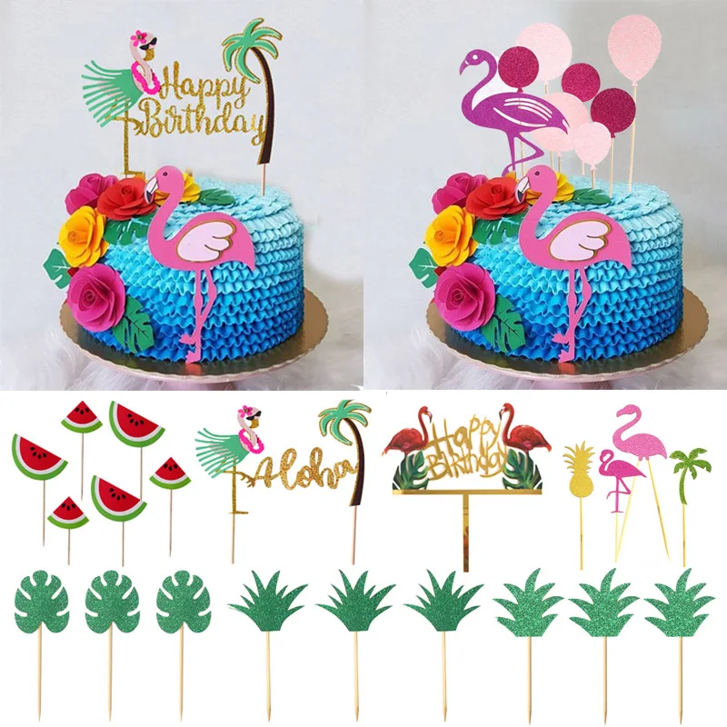 

Flamingo Pineapple Aloha Letter Cake Toppers Summer Birthday Party Decorating Cupcake Topper for Hawaiian Tropical Wedding Party