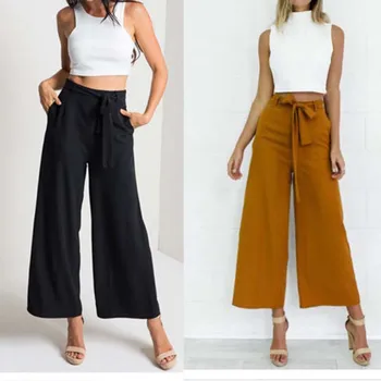 

Women Orange Wide Leg Chiffon Pants High Waist Tie Waist Trousers Palazzo OL Pants Long Culottes Pants Long Trousers