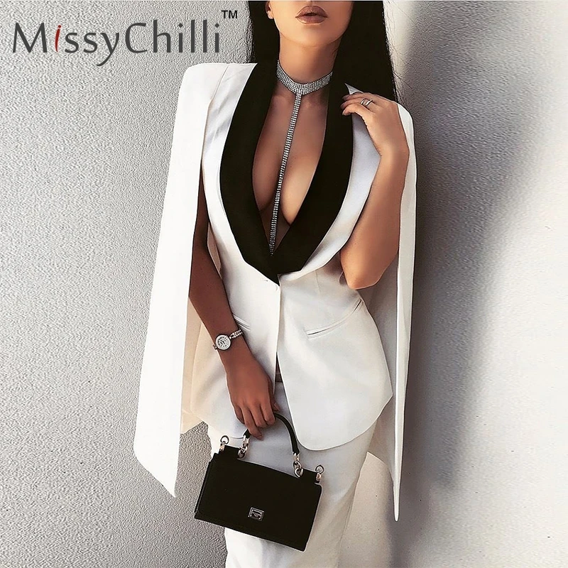 

MissyChilli Sexy blazer cape coat Women deep v neck casual sleeveless Female jacket Elegant autumn cloak office ladies jacket