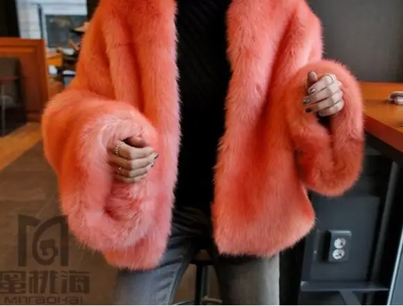 Стильная длинная пушистая меховая короткая куртка с круглым вырезом из искусственного лисьего меха, Зимняя женская Свободная куртка с длинным рукавом из искусственного меха, верхняя одежда оранжевого цвета