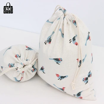 

1pcs sparrow print cotton linen fabric dust bag clothes travel Storage bag portable organizer home Sundry kids toy storage bag