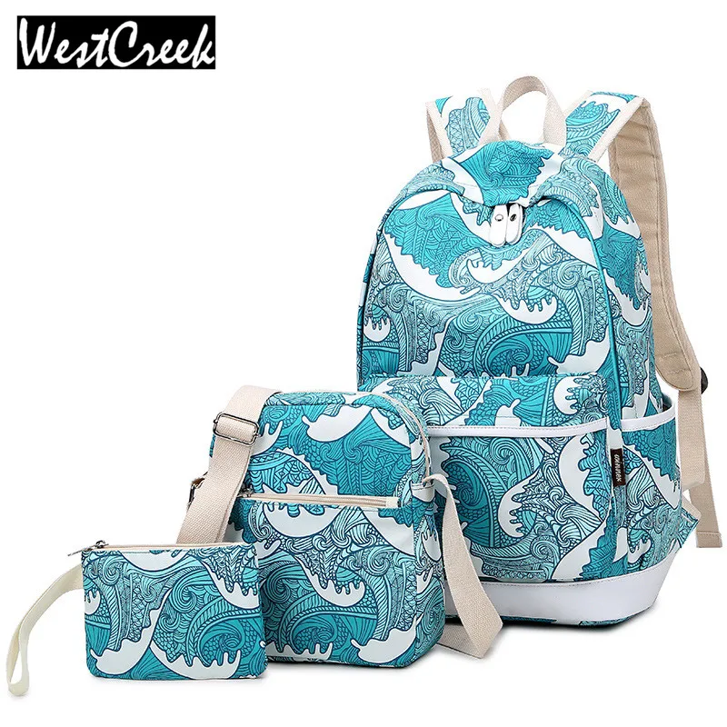 

Westcreek Brand Set Backpack Printing Floral Canvas Backpack School Bag for Teenage Girls Backbag Backpack Women 3PCS