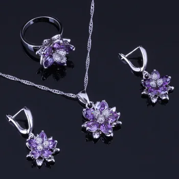

Shiny Flower Purple Cubic Zirconia White CZ Silver Plated Jewelry Sets Earrings Pendant Chain Ring V0298