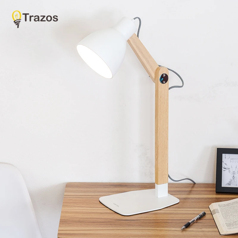 

TRAZOS Nordic Wood Table lamp with E27 Dimmer Switch Fabric Lampshade lamparas de mesa Desk Light Deco Luminaria For Living Room