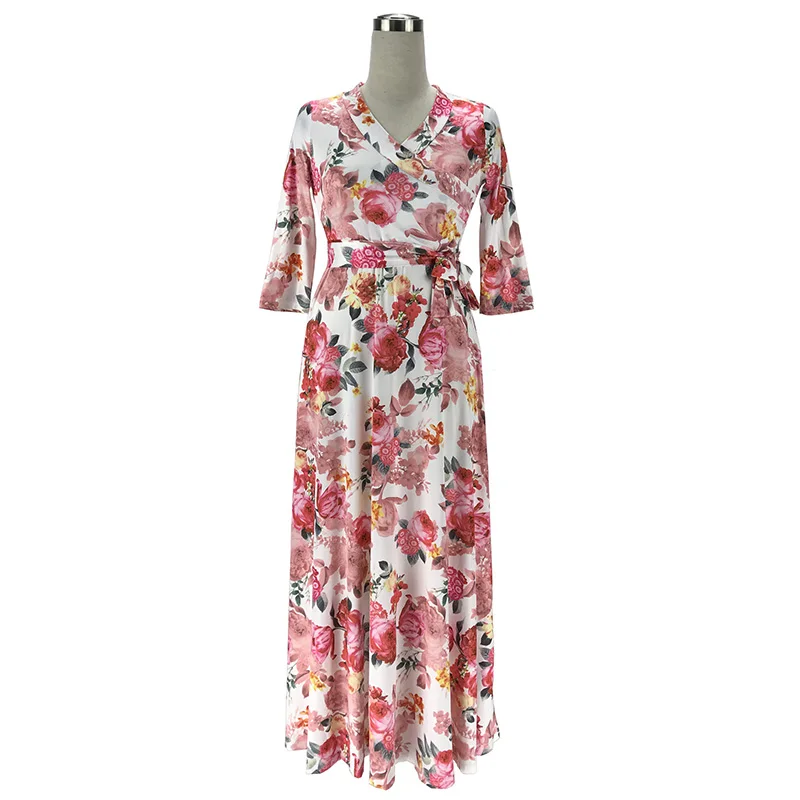 ShejoinSheenjoy New Pink Rose Print Dress Autumn V-Neck Sashes Bow Sexy Women Long Dress A-Line Casual Dresses Ladies Clothing (7)