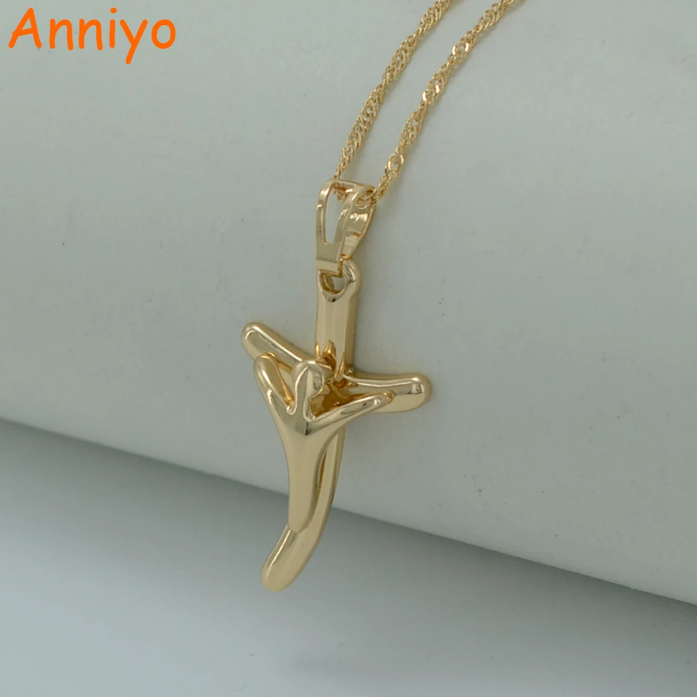 

Anniyo Charm Cross Pendant Necklaces for Women's/Girls Gold Color Jewelry Crucifix Necklaces Christian Catholic #009104