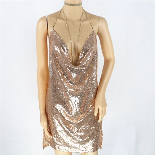 Женские сексуальные платья, вечерние платья для ночного клуба, металлическая цепочка с бриллиантами, одежда на бретельках, цвета: золотистый, серебристый, супер сексуальное платье - Цвет: Rose gold