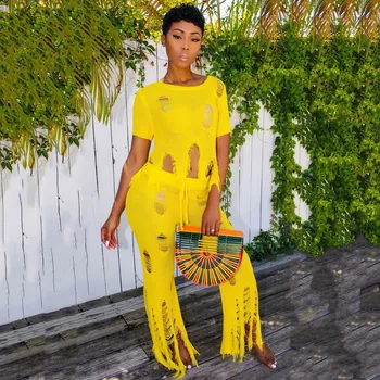 

Yellow Knitted Two Piece Sets Casual Tracksuit Women Festival Clothes Short Sleeve Crop Top And Hollow Hole Wide Leg Pants