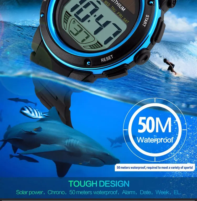SKMEI светодиодный цифровой спортивные часы для мужчин солнечной энергии ударопрочный хронограф 50 м водонепроницаемые наручные часы 1096