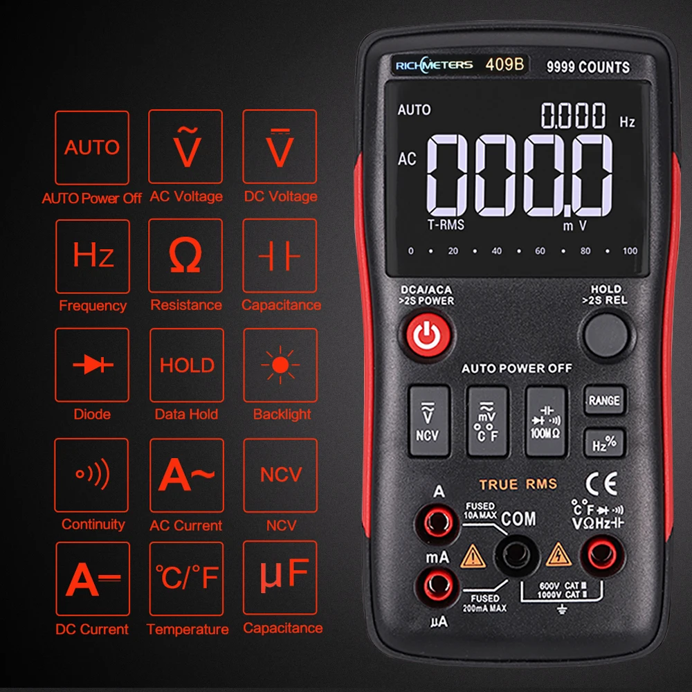 

RICHMETERS RM409B Digital Multimeter 9999 Counts True-RMS Graph Temperature Sensor AC/DC Voltage Ammeter Ohm Capacitance Tester