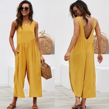 

Sleeveless Backless Deep V Wide Leg Pants Jumpsuits Size M Yellow