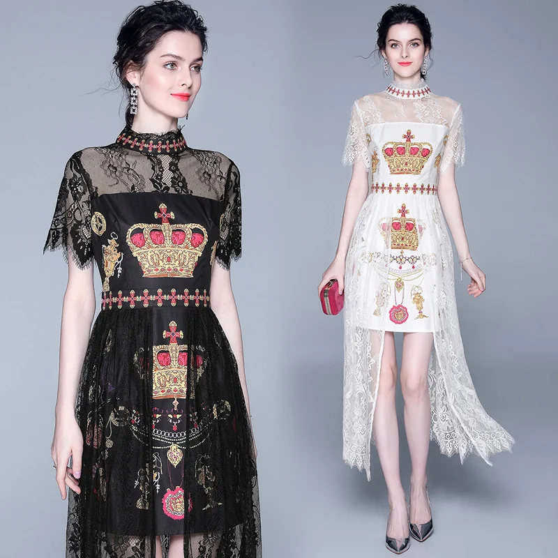 

2019 Runway Vintage Crown Print Dress For Women Short Sleeve Stand Collar Sexy Perspective Lace Patchwork Mid-Calf Length Dress